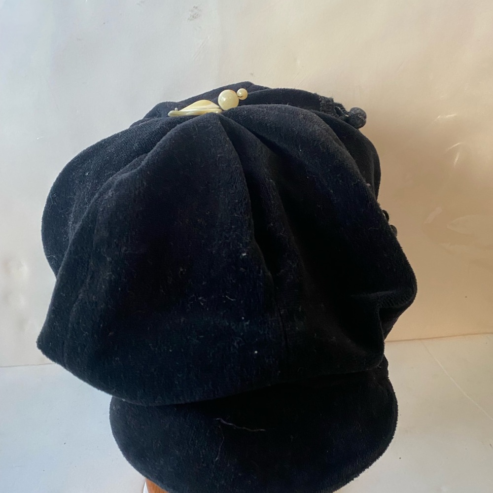 Black Velvet Hat with Pom Pom Accents